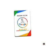 Targeta NFC blanca «Review us on Google» amb vora de colors · Tocky