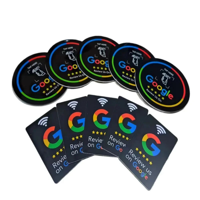 Placa NFC adhesiva de reseñas · 10 cm, redonda o cuadrada
