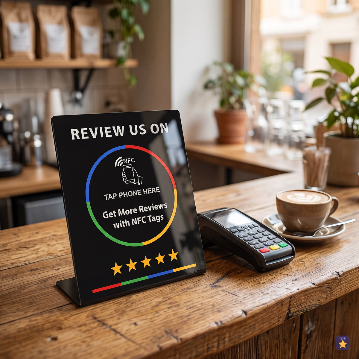 Placa NFC de ressenyes al taulell d'una cafeteria · Tocky