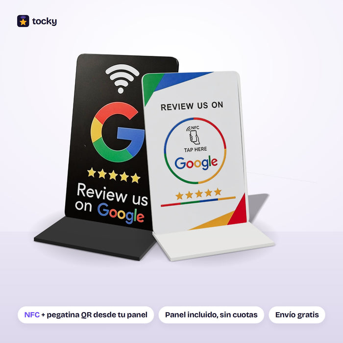 Placa NFC acrílica de pie para reseñas de Google, en negro y en blanco