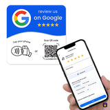 Placca NFC adesiva blu per recensioni Google con QR e telefono · Tocky