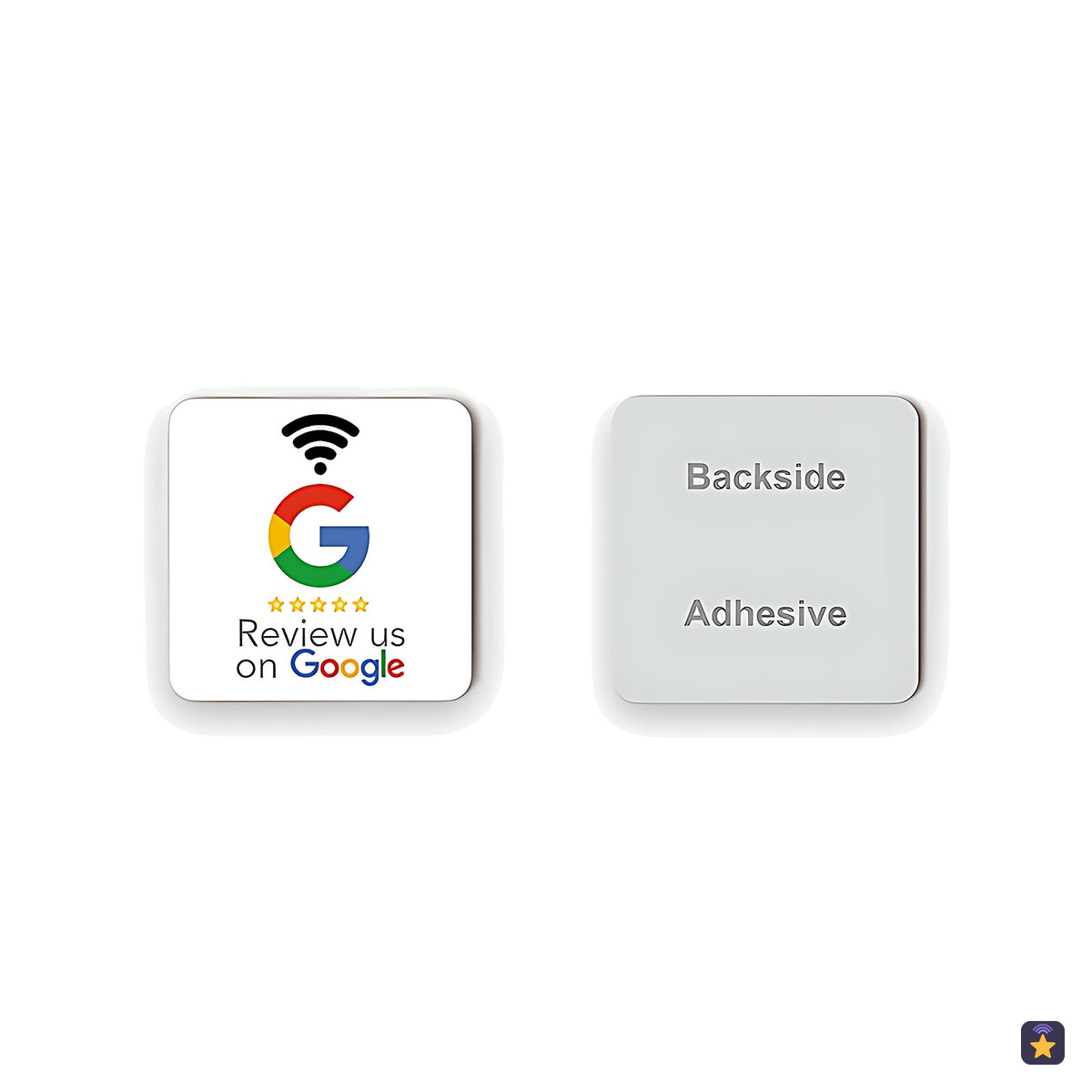 Weißer 30-mm-NFC-Sticker „Review us on Google“ und seine Klebeseite · Tocky