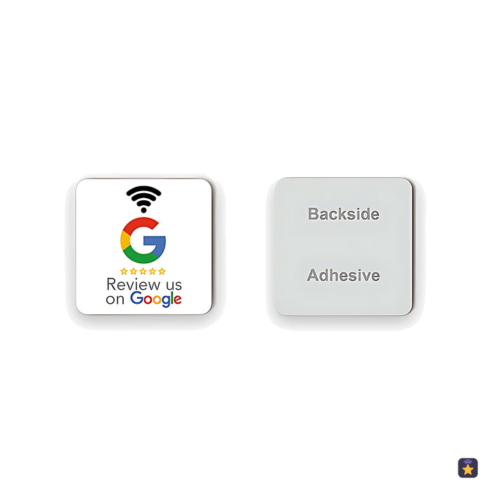 Weißer 30-mm-NFC-Sticker „Review us on Google“ und seine Klebeseite · Tocky