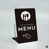 Black standing “View the menu” NFC card, English text · Tocky