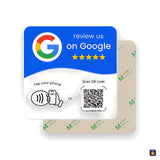 Placca NFC adesiva blu Google con NFC e QR, e il suo lato adesivo · Tocky